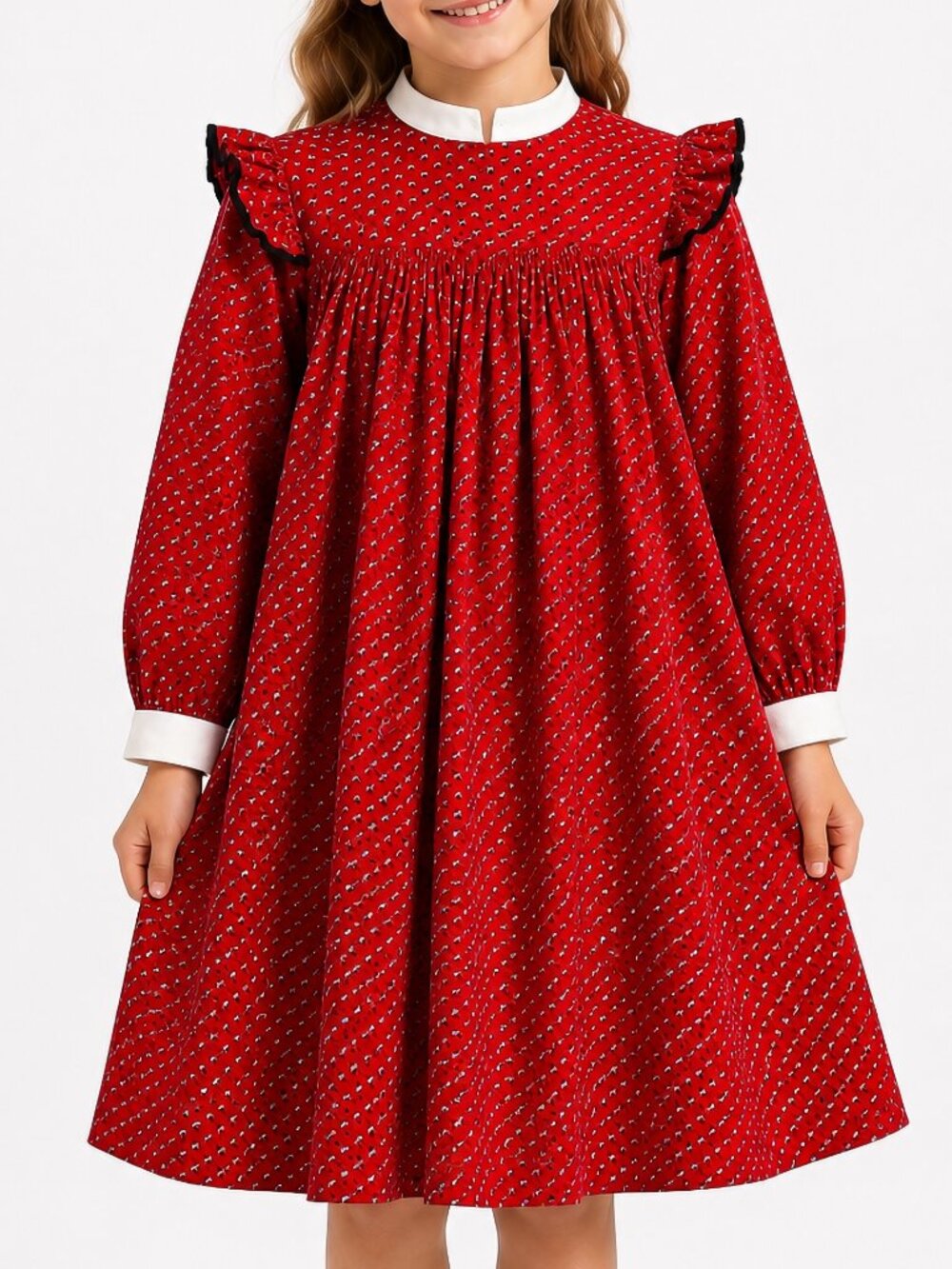 Youngland Girls Dress Size 5 Red Calico Prairie Smocked Christmas Vintage
